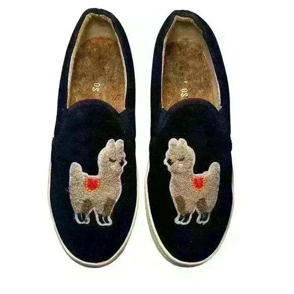 SOLUDOS Blue Velvet Velour Llama Embroidered Patch Slip On Shoes Women Size 6 - Picture 1 of 8